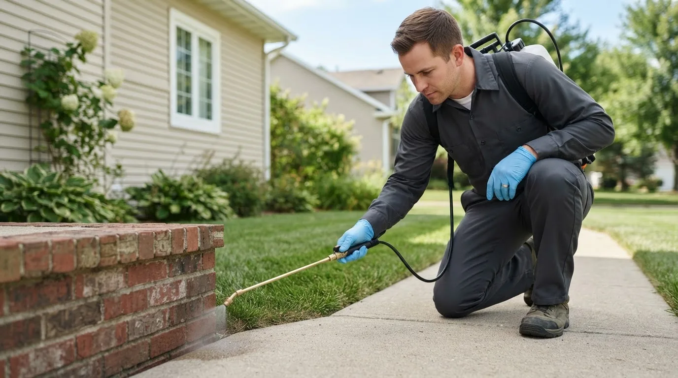 Pest control technician treating a home near Red Oak, IA